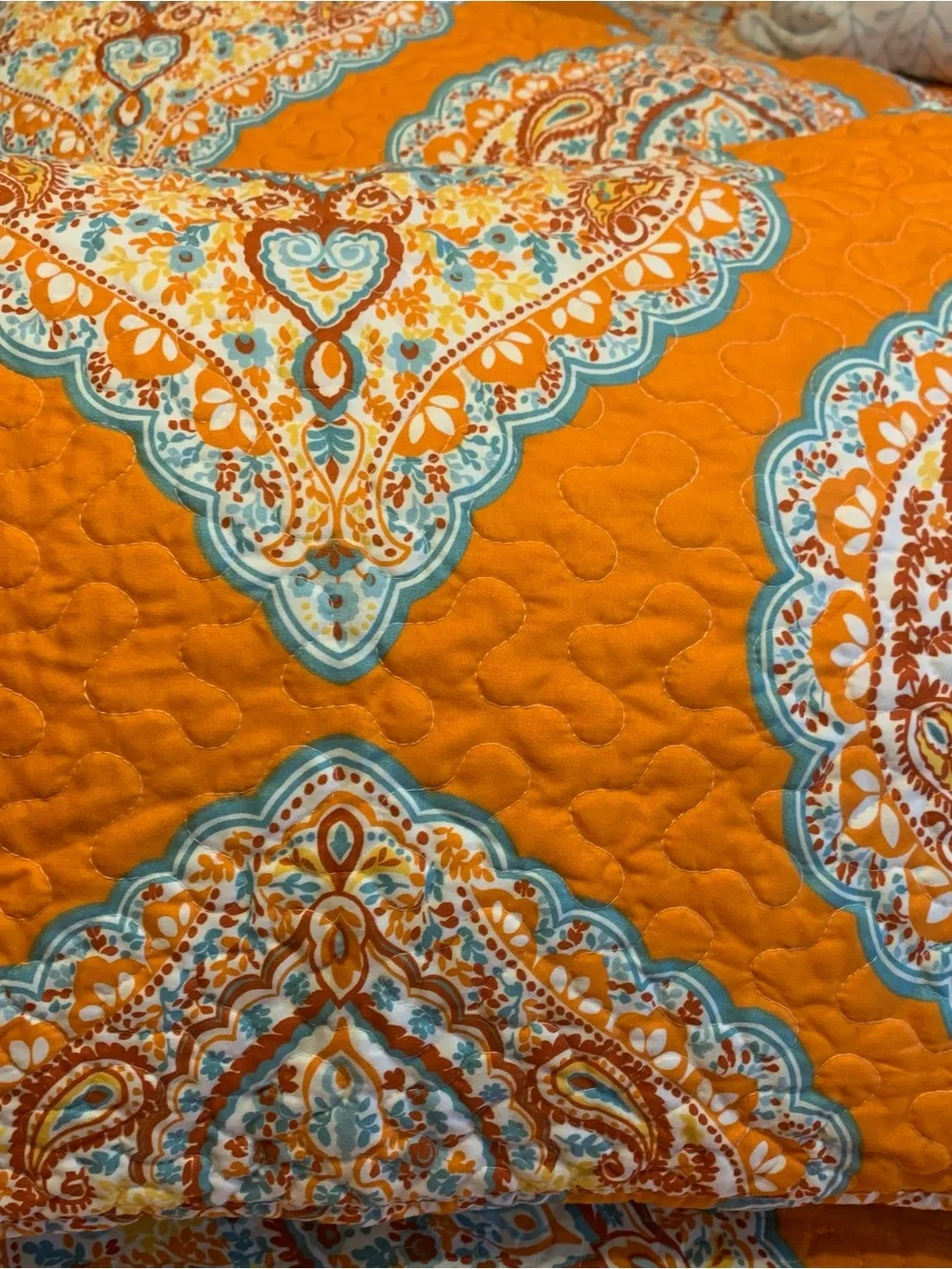 Orange Boho Paisley Quilted Bedspread reversible Teal Blue accents 2 shams King